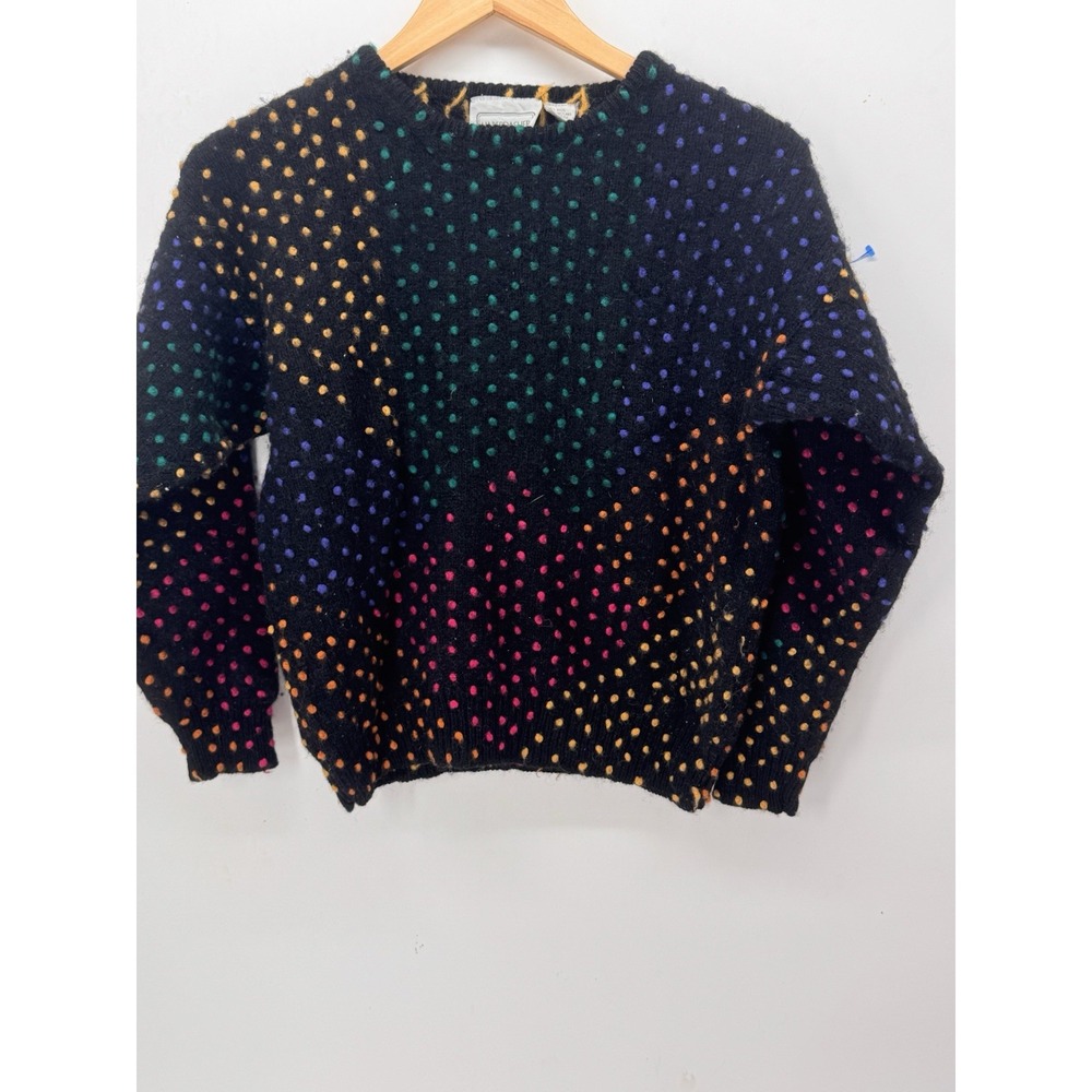 Vintage Haberdasher Women Small 100% Wool Sweater Black Rainbow Polka Dot 80s